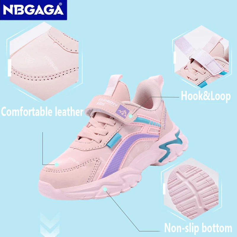 Kids Casual Pink Girls Leather Shoes Fashion For 7-15y Lightweight