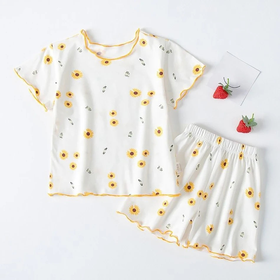 Girls Summer Pajama Sets Stylish Cartoon Pattern Printing Short Sleeve