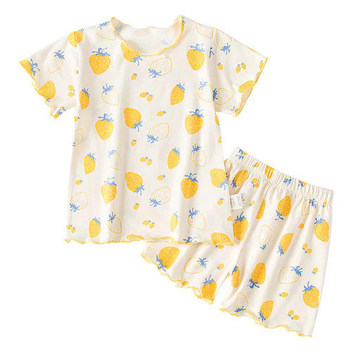 Girls Summer Pajama Sets Stylish Cartoon Pattern Printing Short Sleeve