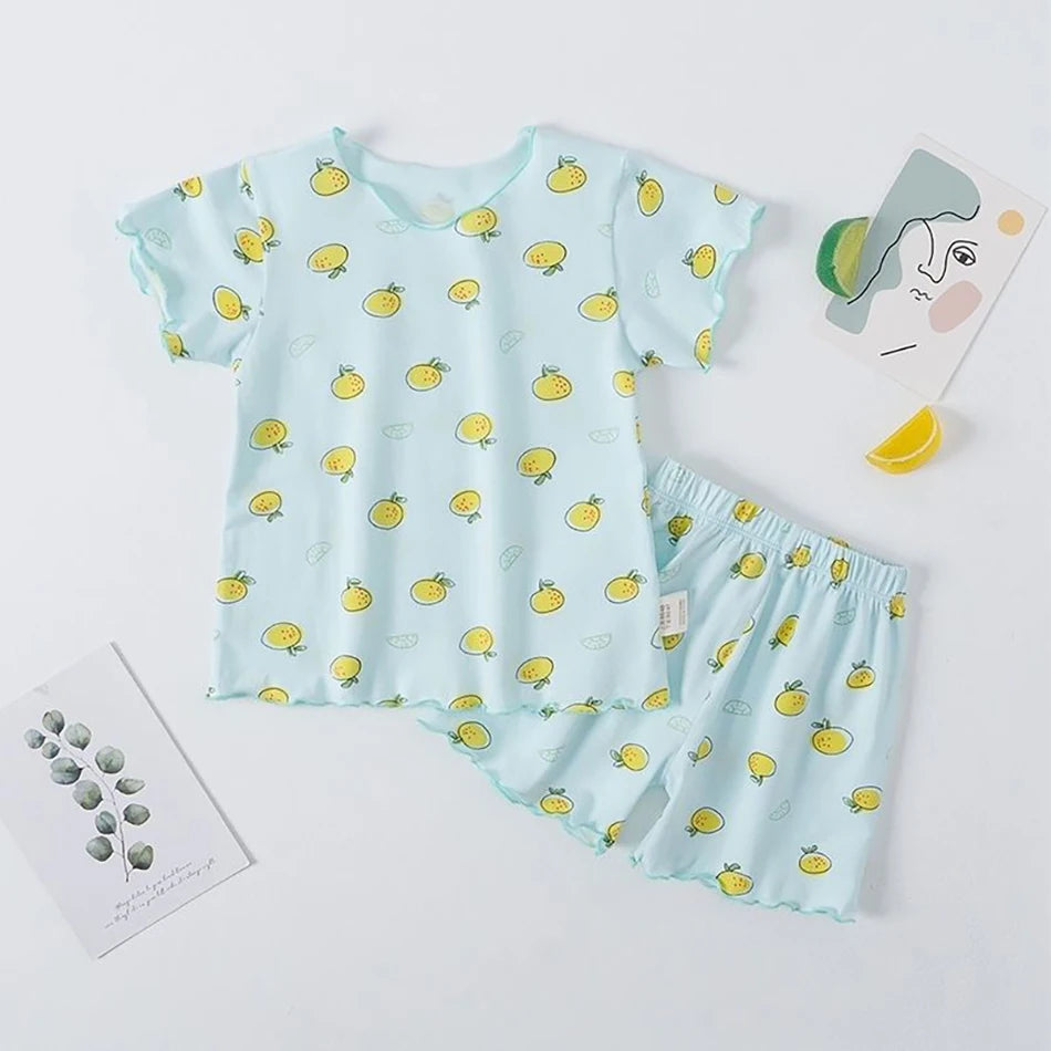 Girls Summer Pajama Sets Stylish Cartoon Pattern Printing Short Sleeve