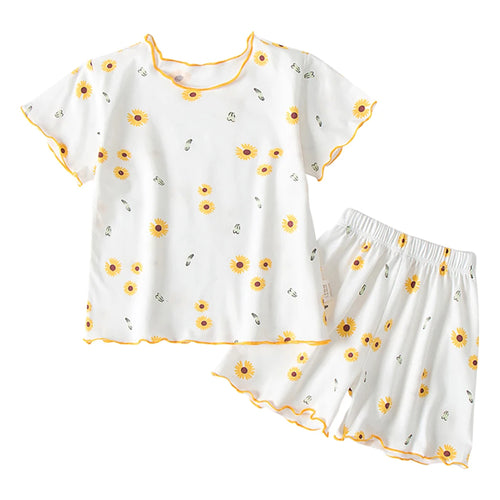 Girls Summer Pajama Sets Stylish Cartoon Pattern Printing Short Sleeve