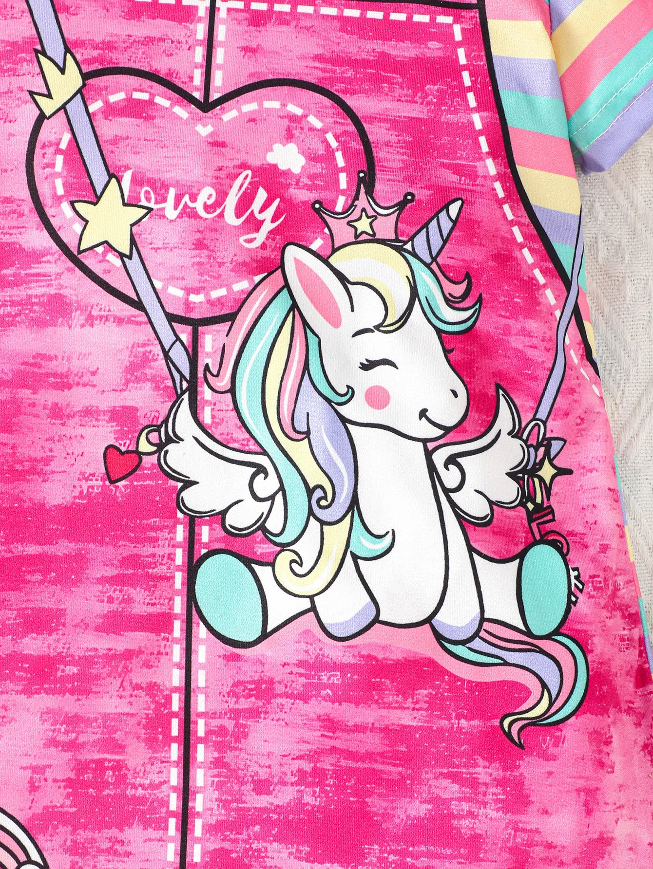 Summer girl's short sleeved round neck unicorn rainbow stripe print