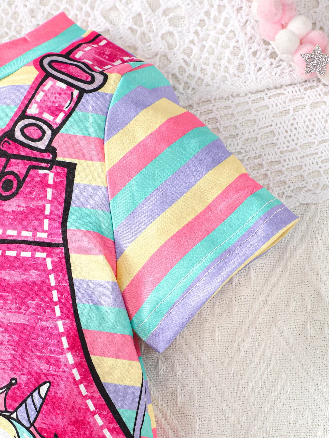 Summer girl's short sleeved round neck unicorn rainbow stripe print