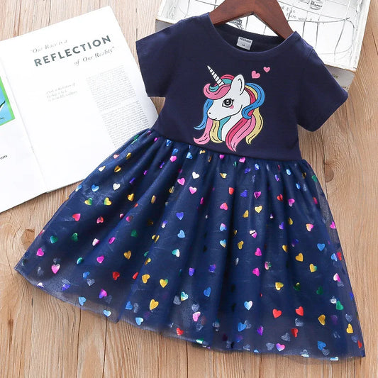 2024 Summer Baby Girls Cartoon Unicorn Dress Cotton Mesh Party