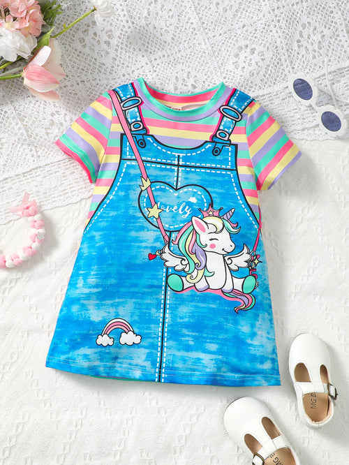 Summer girl's short sleeved round neck unicorn rainbow stripe print