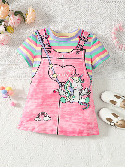 Summer girl's short sleeved round neck unicorn rainbow stripe print