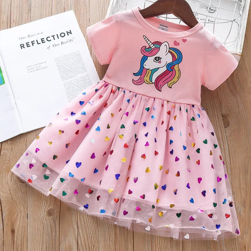 2024 Summer Baby Girls Cartoon Unicorn Dress Cotton Mesh Party