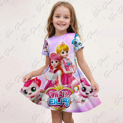 MINISO New Summer Cartoon Catch！Teenieping 3D Print Dress Fashion Kids