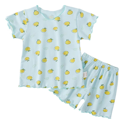 Girls Summer Pajama Sets Stylish Cartoon Pattern Printing Short Sleeve