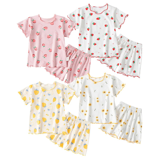 Girls Summer Pajama Sets Stylish Cartoon Pattern Printing Short Sleeve