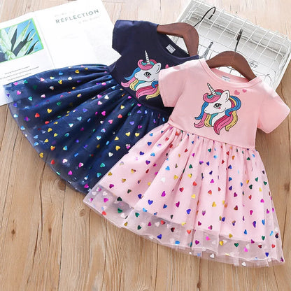 2024 Summer Baby Girls Cartoon Unicorn Dress Cotton Mesh Party