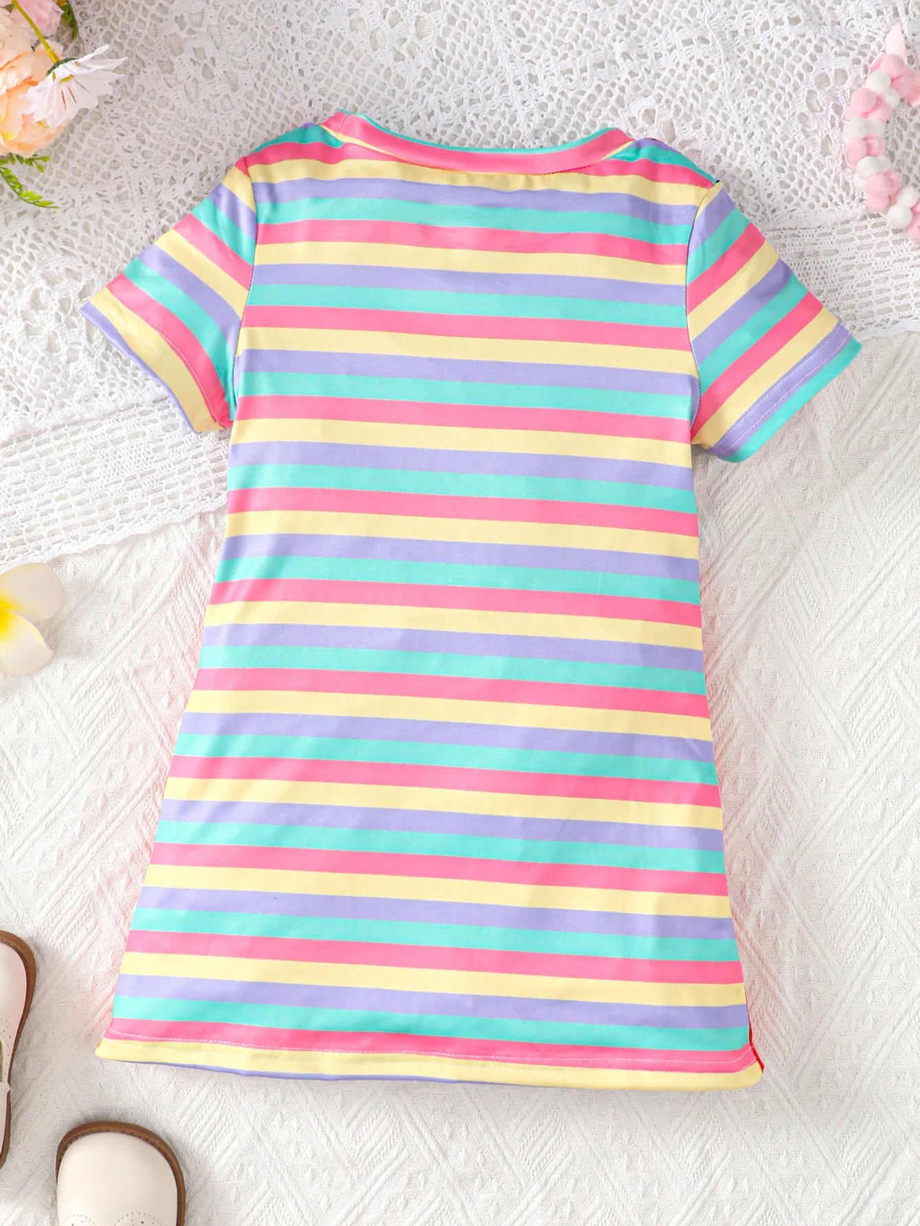 Summer girl's short sleeved round neck unicorn rainbow stripe print
