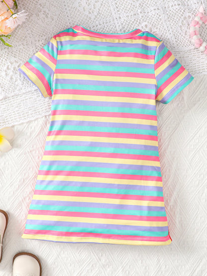 Summer girl's short sleeved round neck unicorn rainbow stripe print
