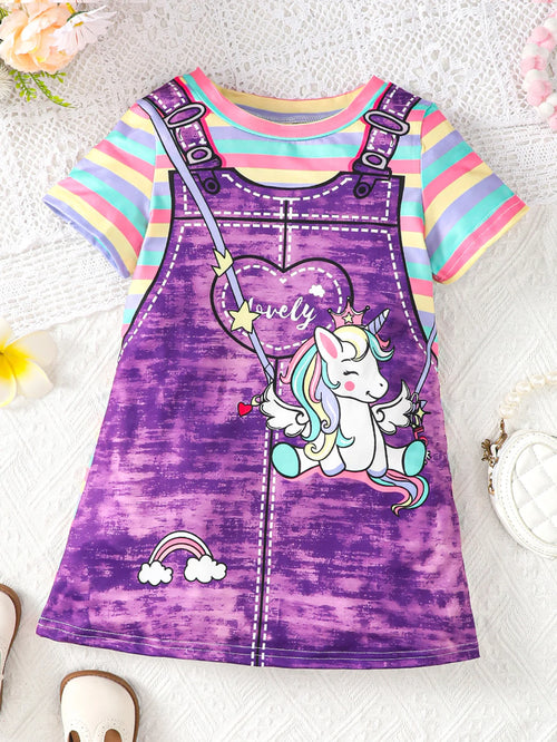 Summer girl's short sleeved round neck unicorn rainbow stripe print