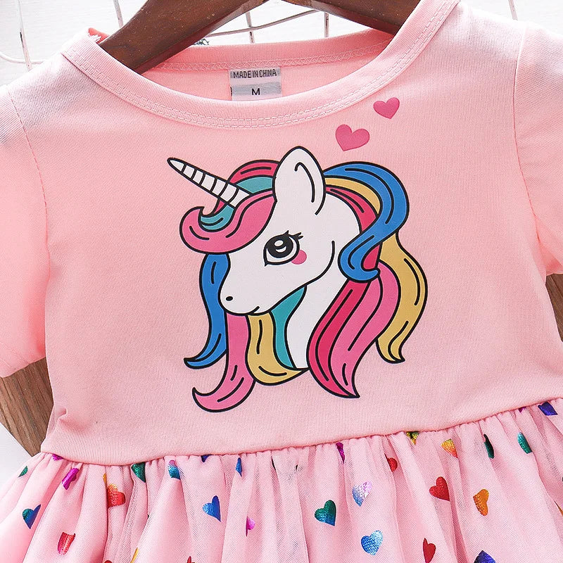 2024 Summer Baby Girls Cartoon Unicorn Dress Cotton Mesh Party