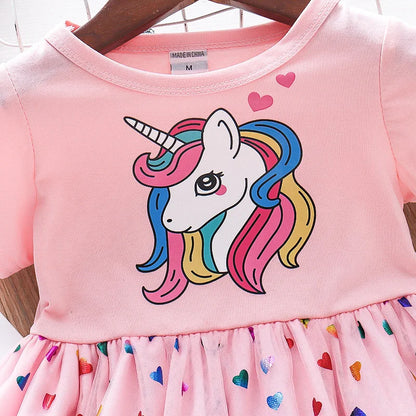 2024 Summer Baby Girls Cartoon Unicorn Dress Cotton Mesh Party