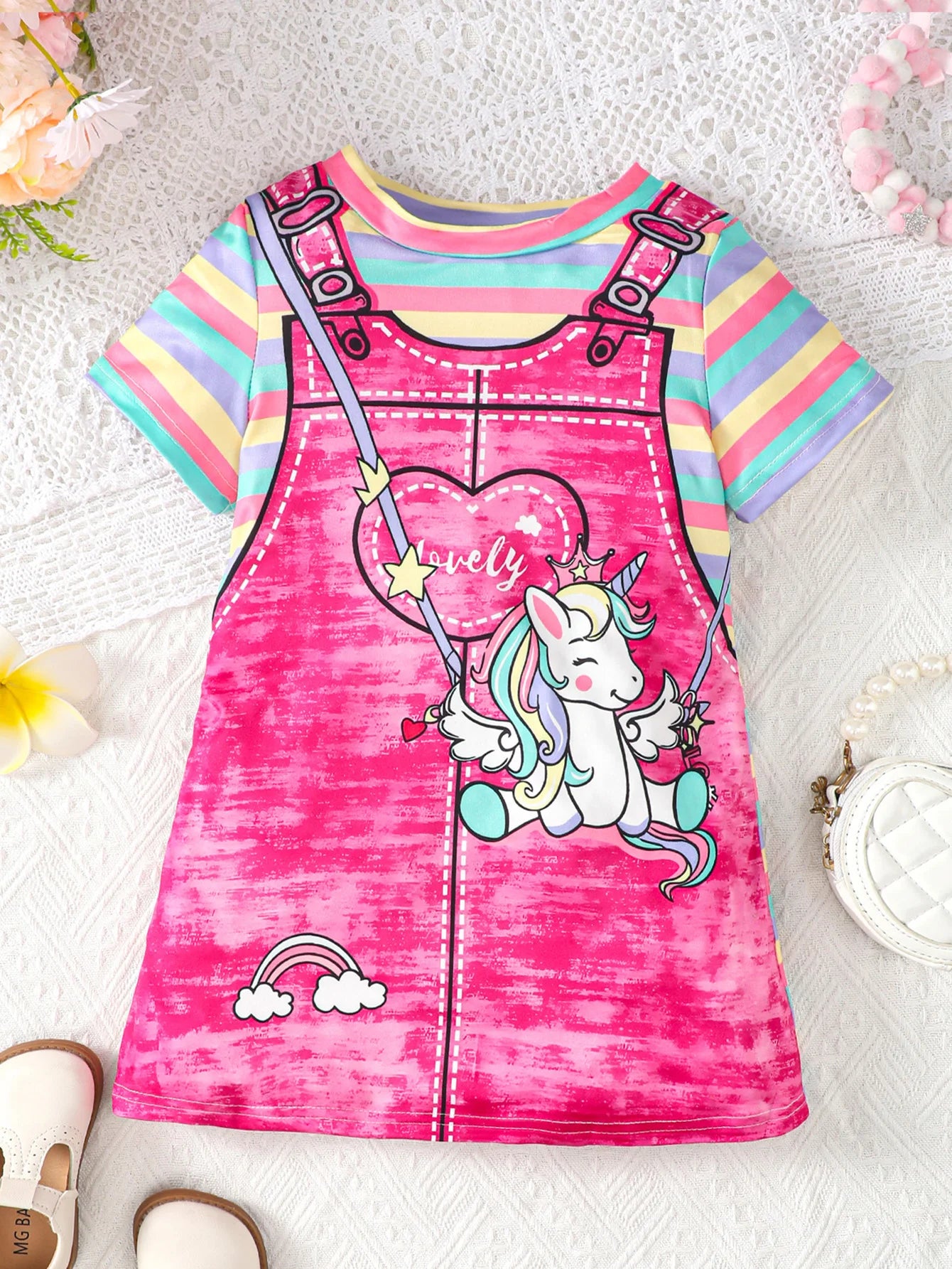 Summer girl's short sleeved round neck unicorn rainbow stripe print