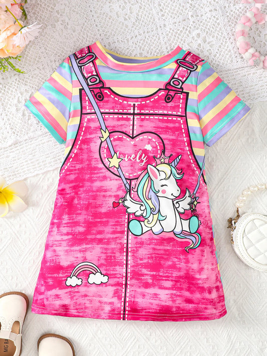 Summer girl's short sleeved round neck unicorn rainbow stripe print