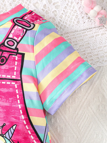 Summer girl's short sleeved round neck unicorn rainbow stripe print