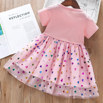 2024 Summer Baby Girls Cartoon Unicorn Dress Cotton Mesh Party