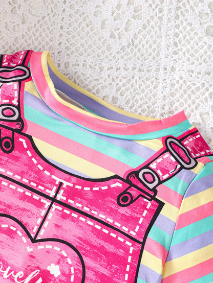 Summer girl's short sleeved round neck unicorn rainbow stripe print