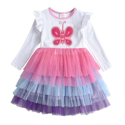 New 3-8 Girls Dress Butterfly Kids Long Sleeve Dresses Baby