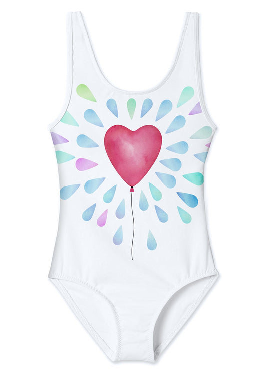White Tank Swimsuit for Girls with Heart Balloon Print