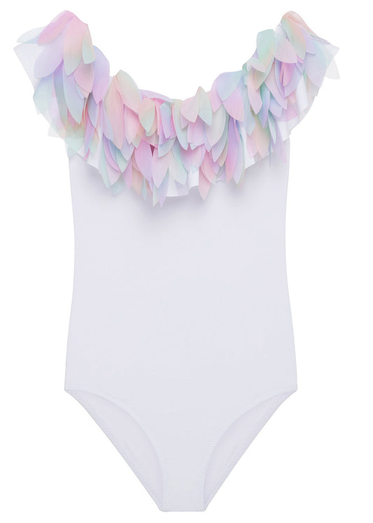 White Drape Swimsuit with Rainbow Petals